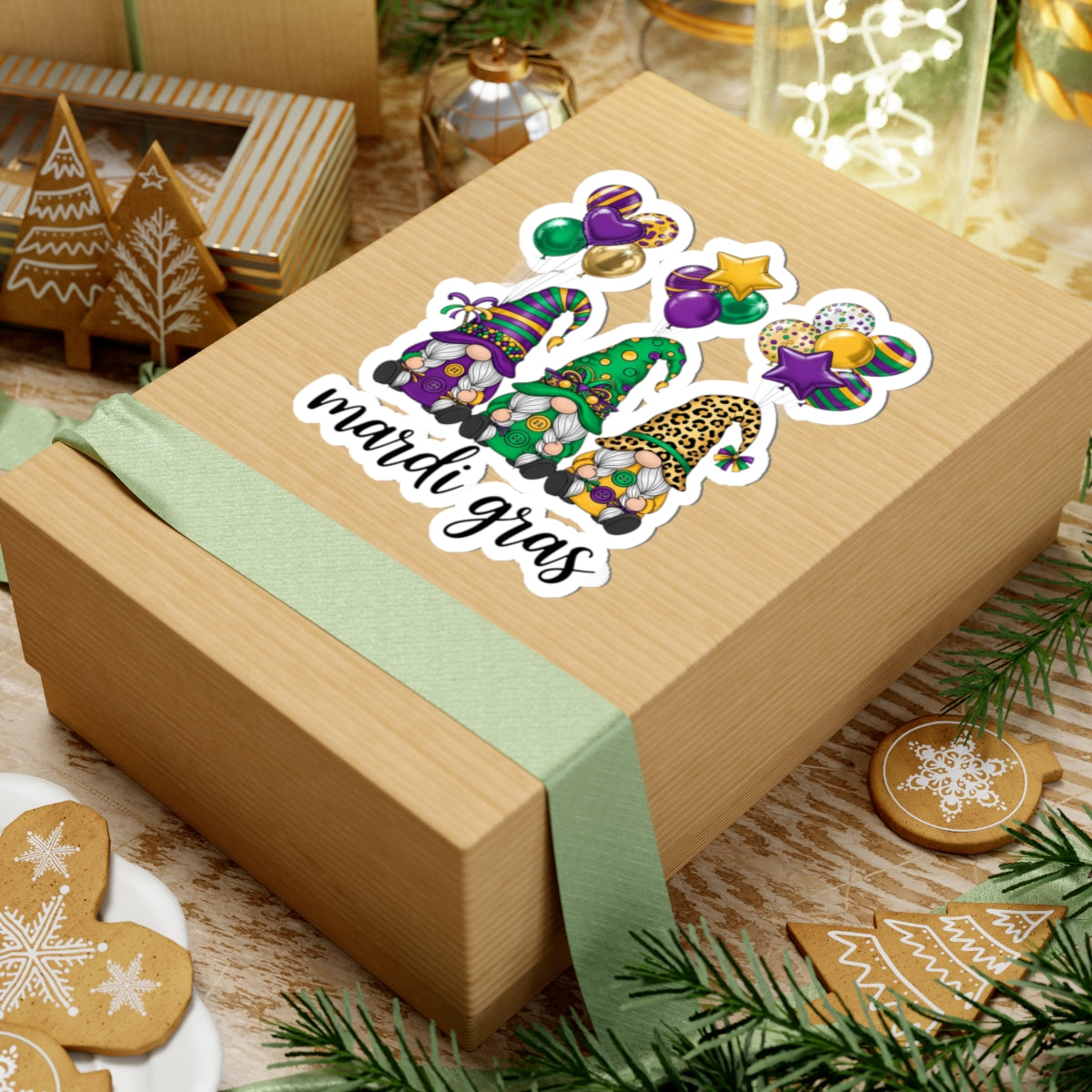 Mardi Gras Throuple Gnomes Kiss-Cut Sticker | Polyamory ENM Pride Vinyl Decal | Chosen Family Gnome Sticker | Mardi Gras Laptop Sticker