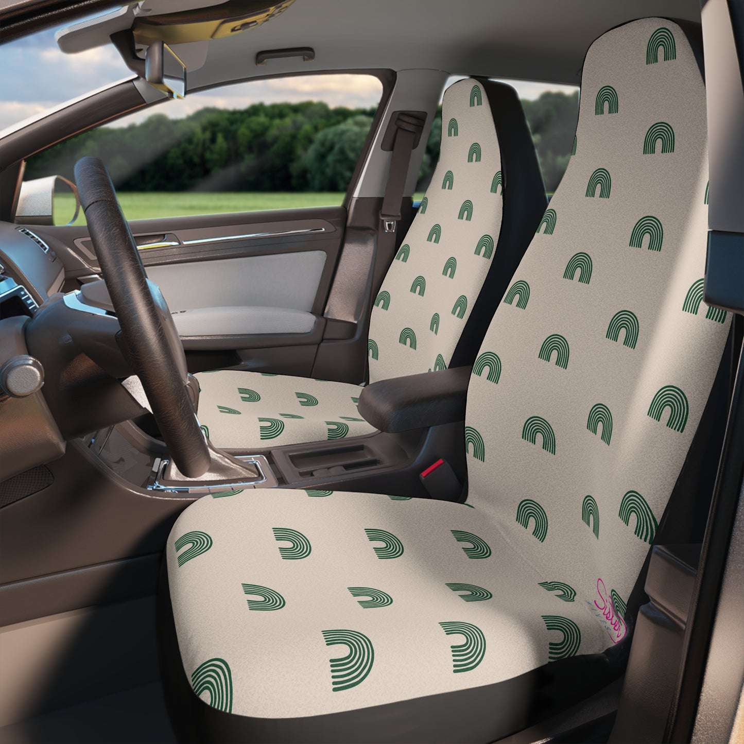 Green Rainbows Car Seat Covers | Minimal Boho Auto Decor | Neutral Modern Seat Covers | Polyamory & ENM Friendly